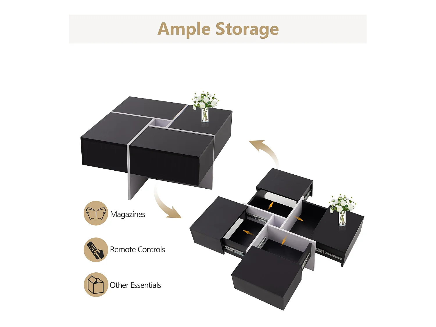 Mesa de centro cuadrada - 4 cajones - tablero de partículas - Negro