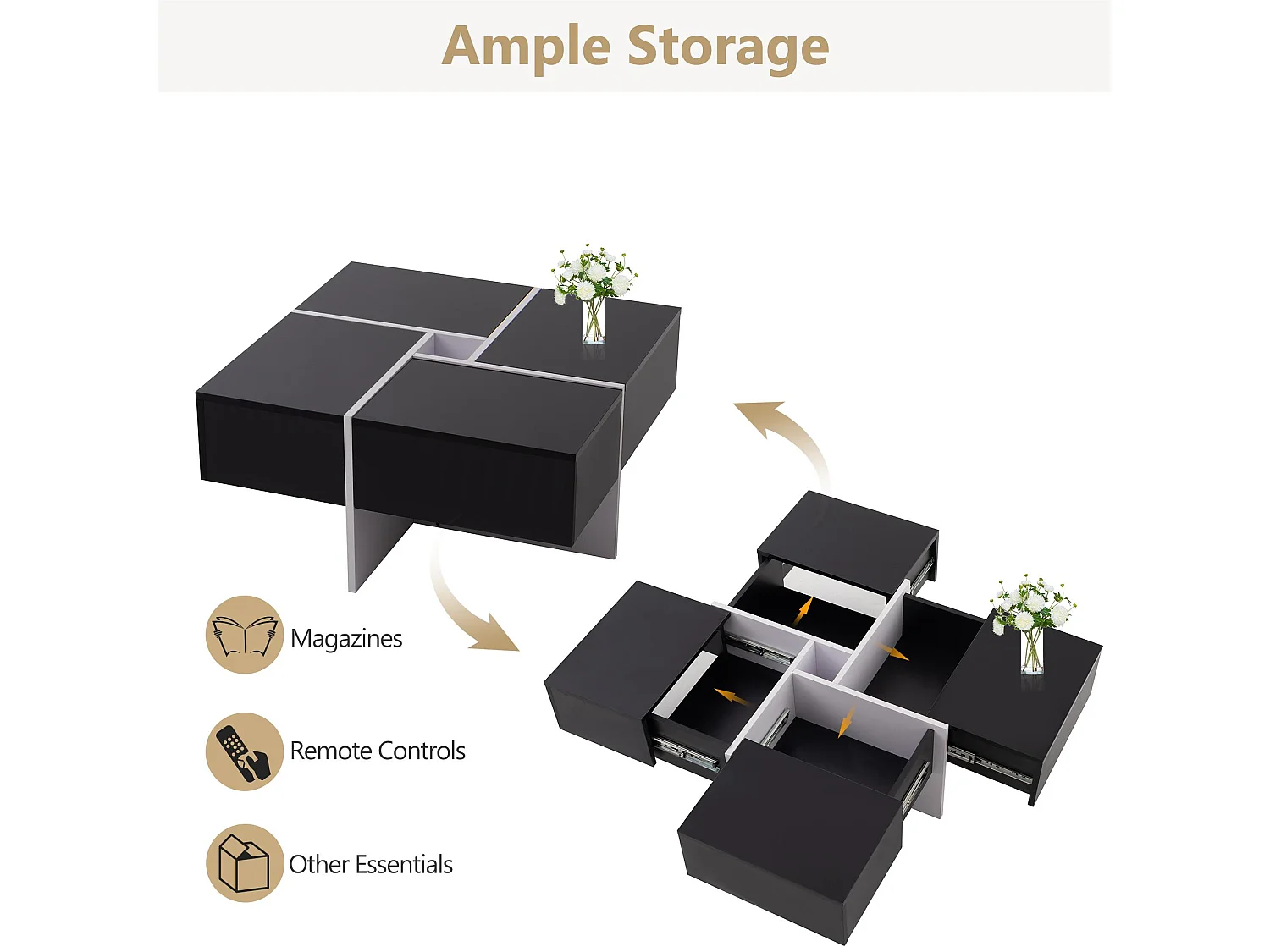Mesa de centro cuadrada - 4 cajones - tablero de partículas - Negro