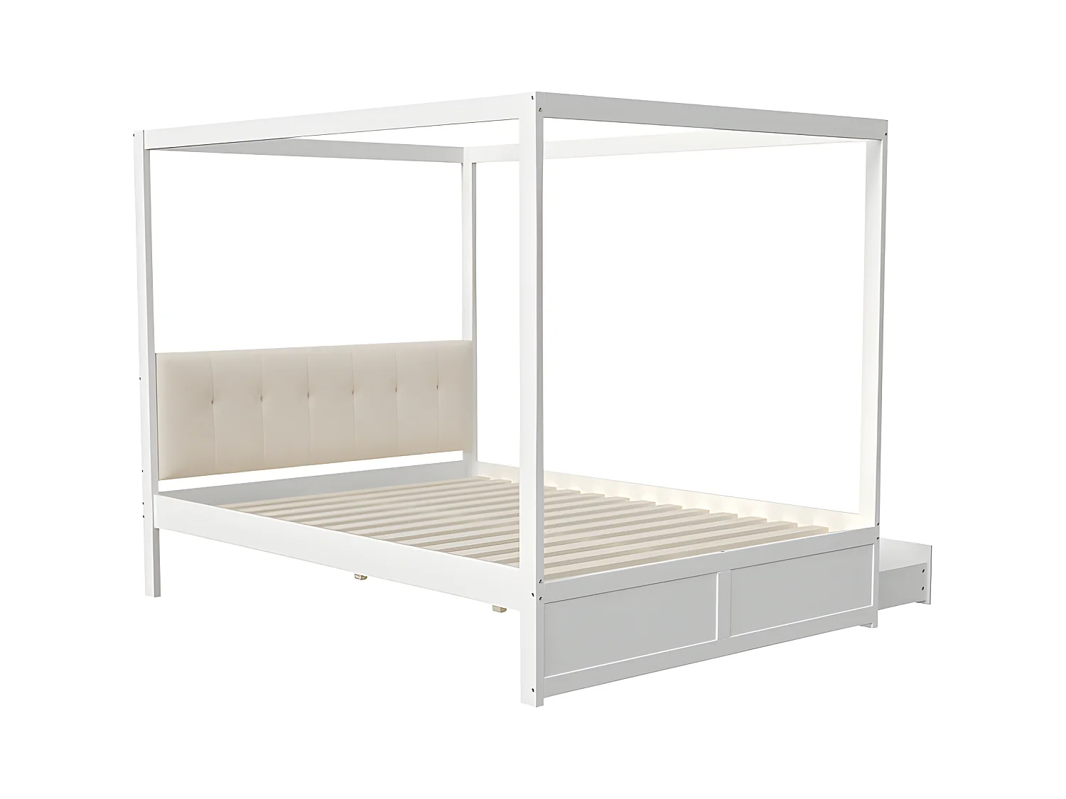 Lit baldaquin 140x200cm en bois - avec tête rembourré et 2 tiroirs - Blanc