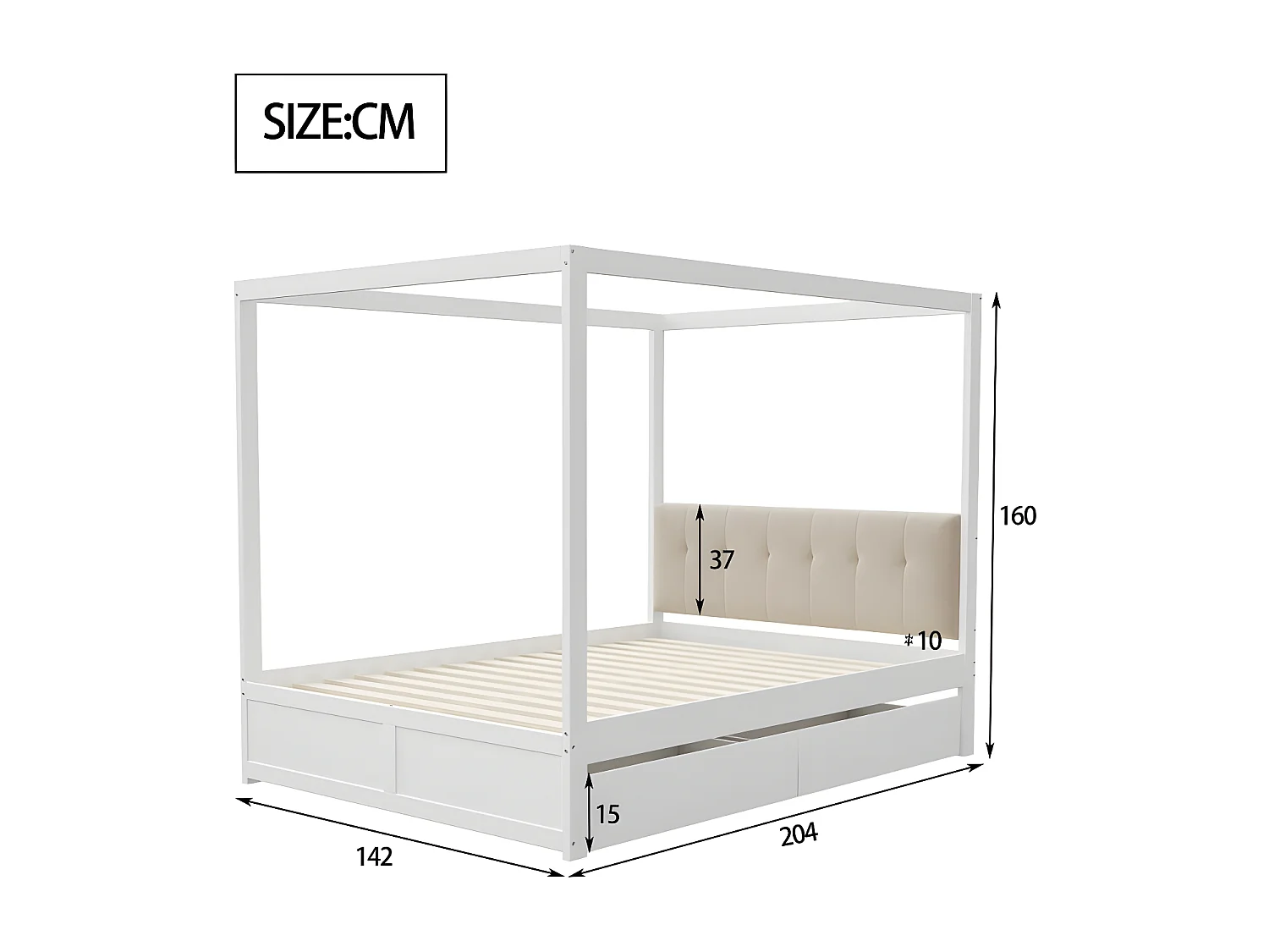 Lit baldaquin 140x200cm en bois - avec tête rembourré et 2 tiroirs - Blanc