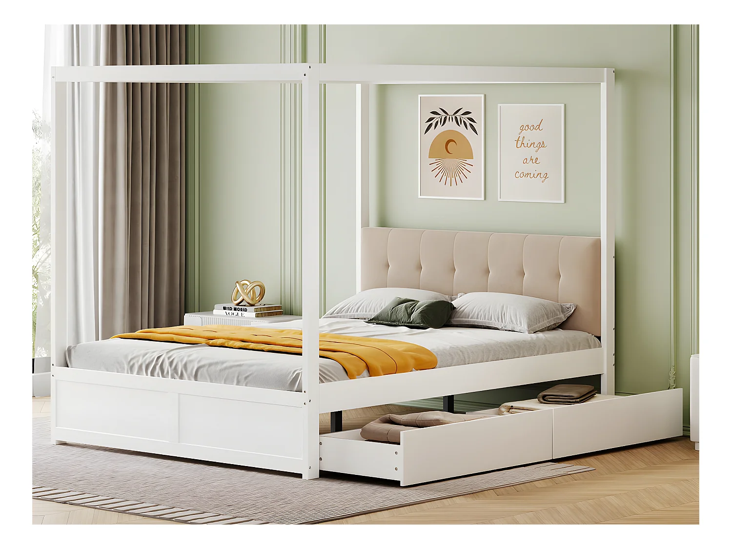 Hemelbed van hout 140x200cm - met gestoffeerd hoofdbord en 2 lades - Wit