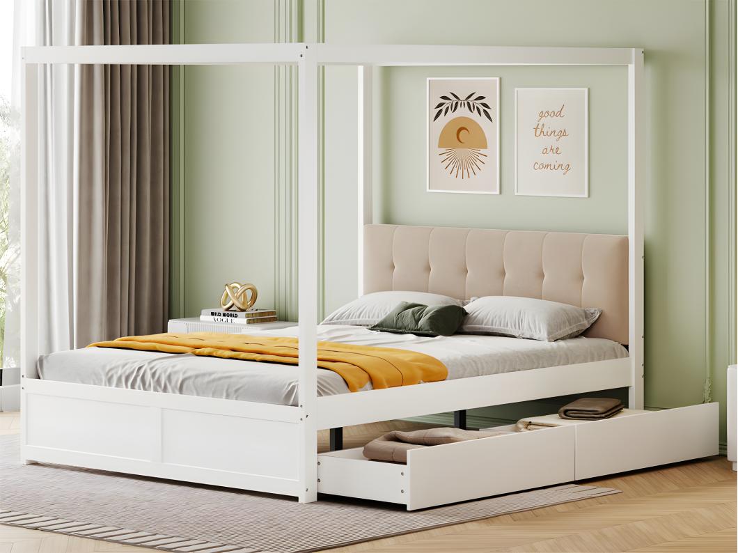 Cama con dosel de madera de 140x200cm - con cabecero tapizado y 2 cajones - Color blanco