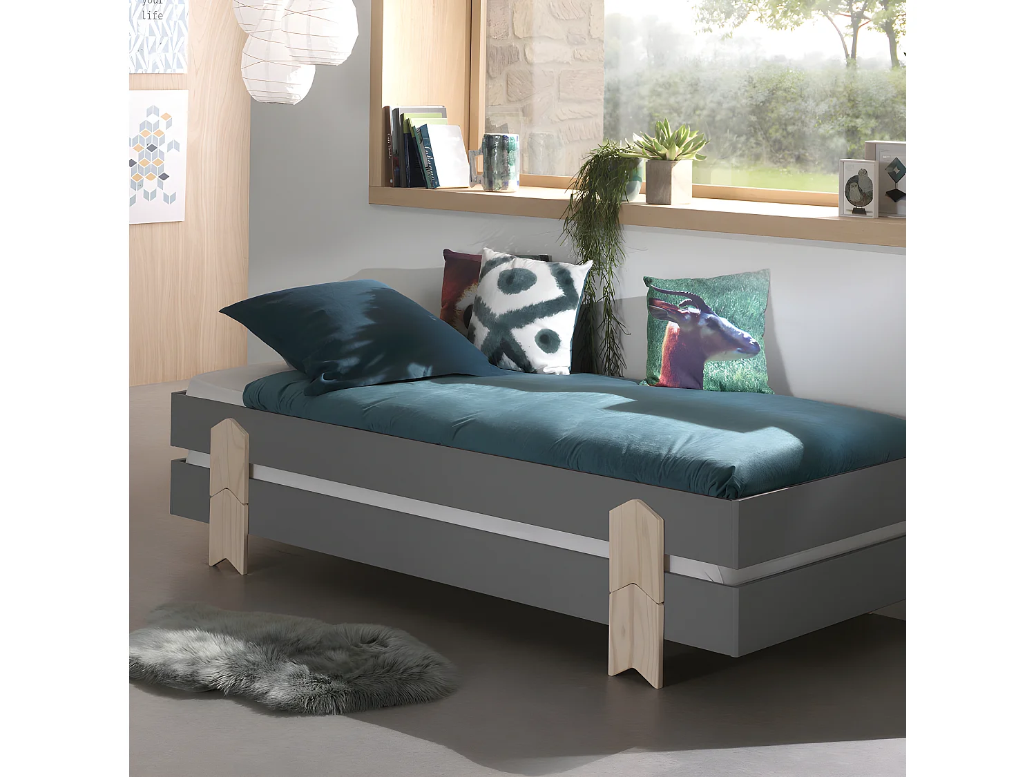 Cotinga - Lot de 2 lits enfants empilables en bois 90x200cm - Gris