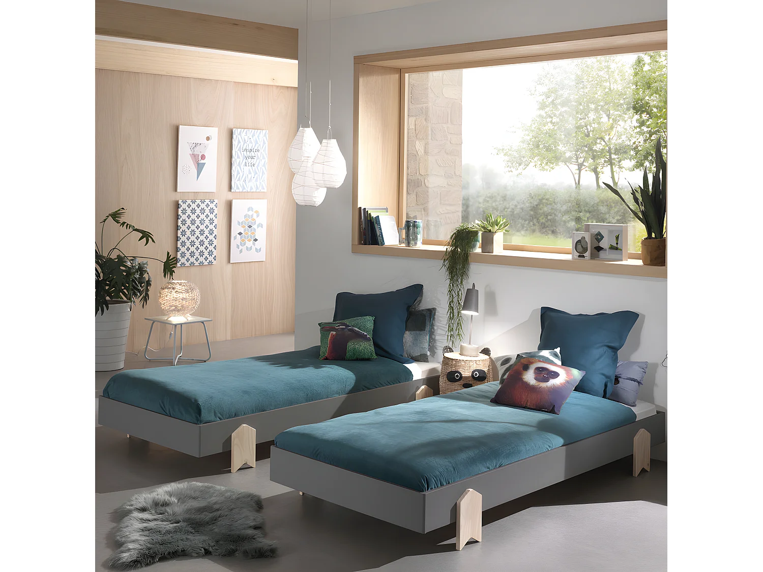 Cotinga - Lot de 2 lits enfants empilables en bois 90x200cm - Gris