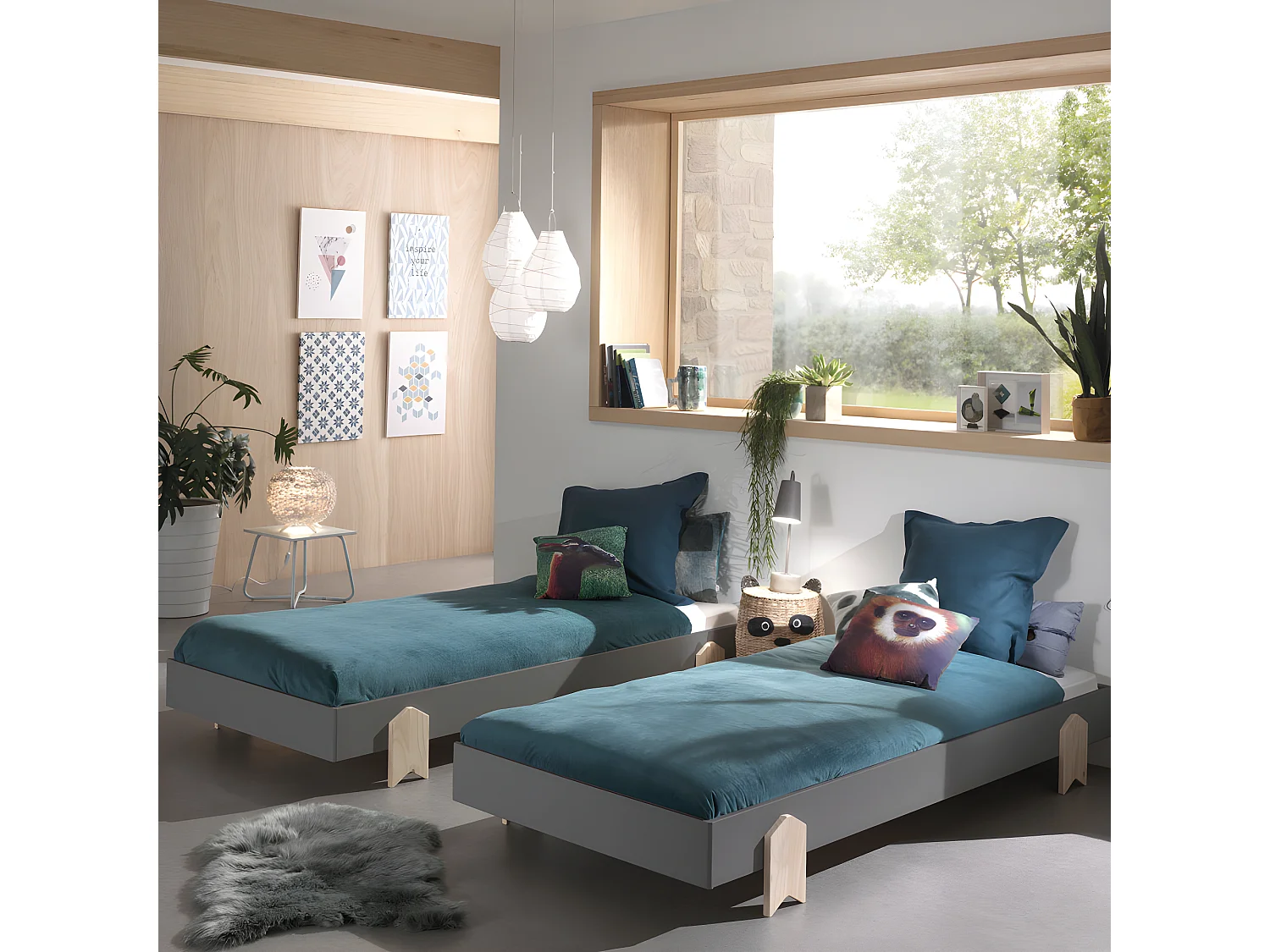 Cotinga - Lot de 2 lits enfants empilables en bois 90x200cm - Gris