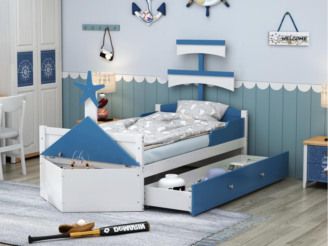 Houten kinderbed 90x200cm - met lade en ladekast - in de vorm van een zeilboot - Blauw