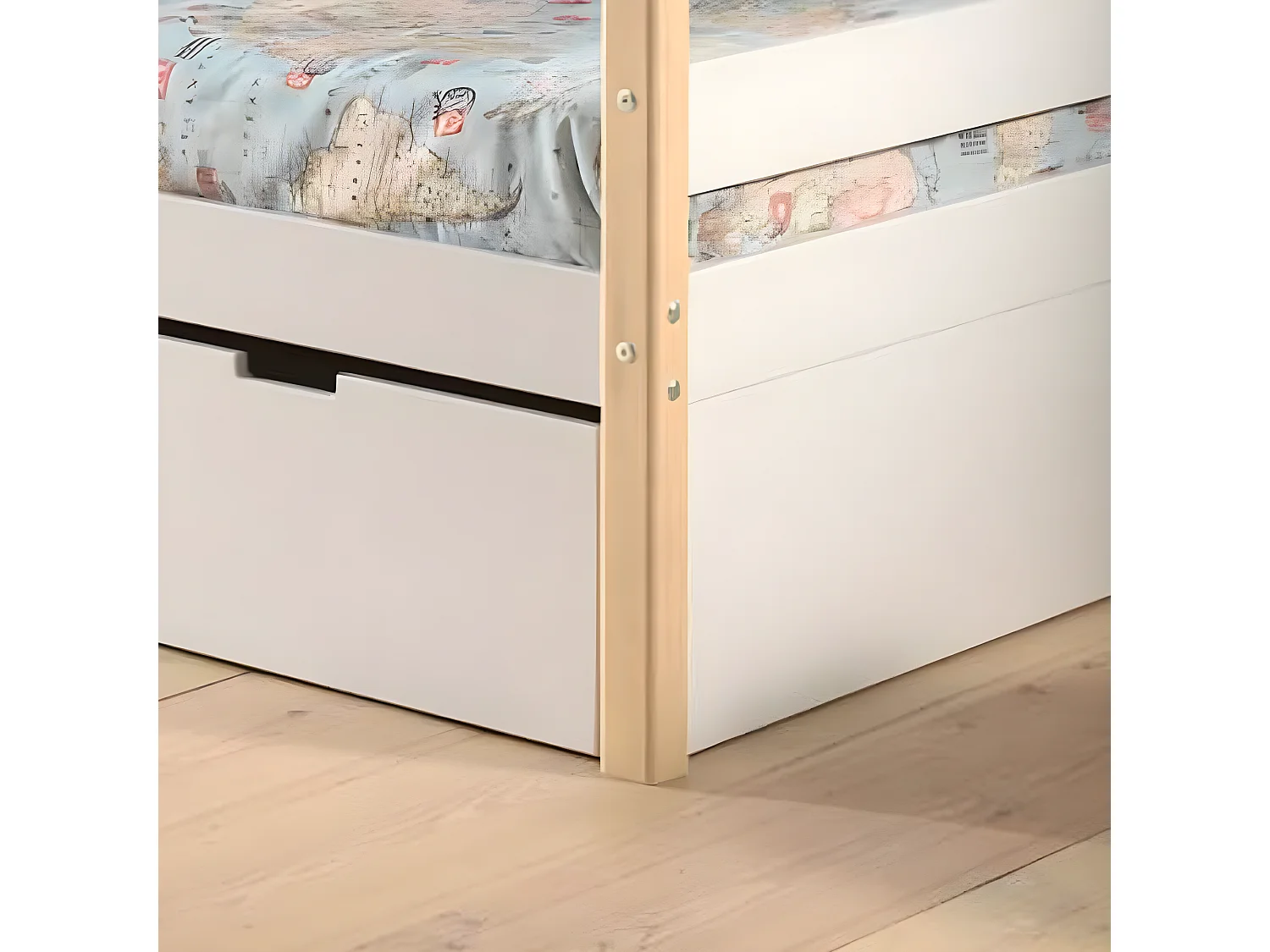 Tourco - Lit enfant banquette 1 tiroir en bois 90x200cm - Blanc et bois clair