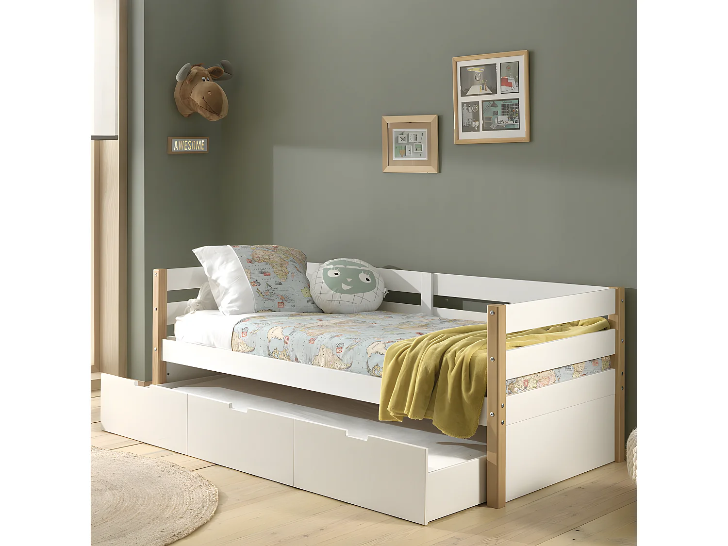 Tourco - Lit enfant banquette 1 tiroir en bois 90x200cm - Blanc et bois clair