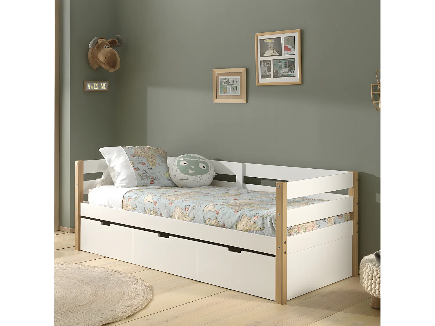 Tourco - Lit enfant banquette 1 tiroir en bois 90x200cm - Blanc et bois clair
