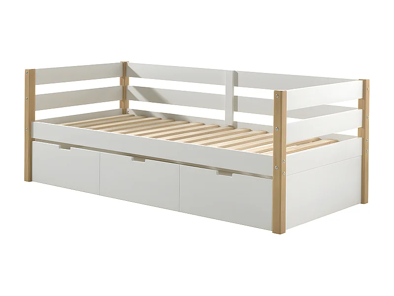 Tourco - Lit enfant banquette 1 tiroir en bois 90x200cm - Blanc et bois clair