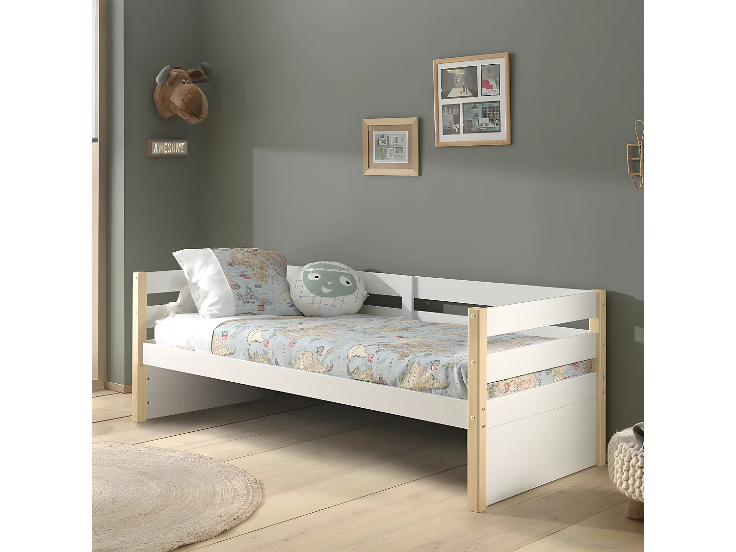 Tourco - Lit enfant banquette en bois 90x200cm - Blanc et bois clair