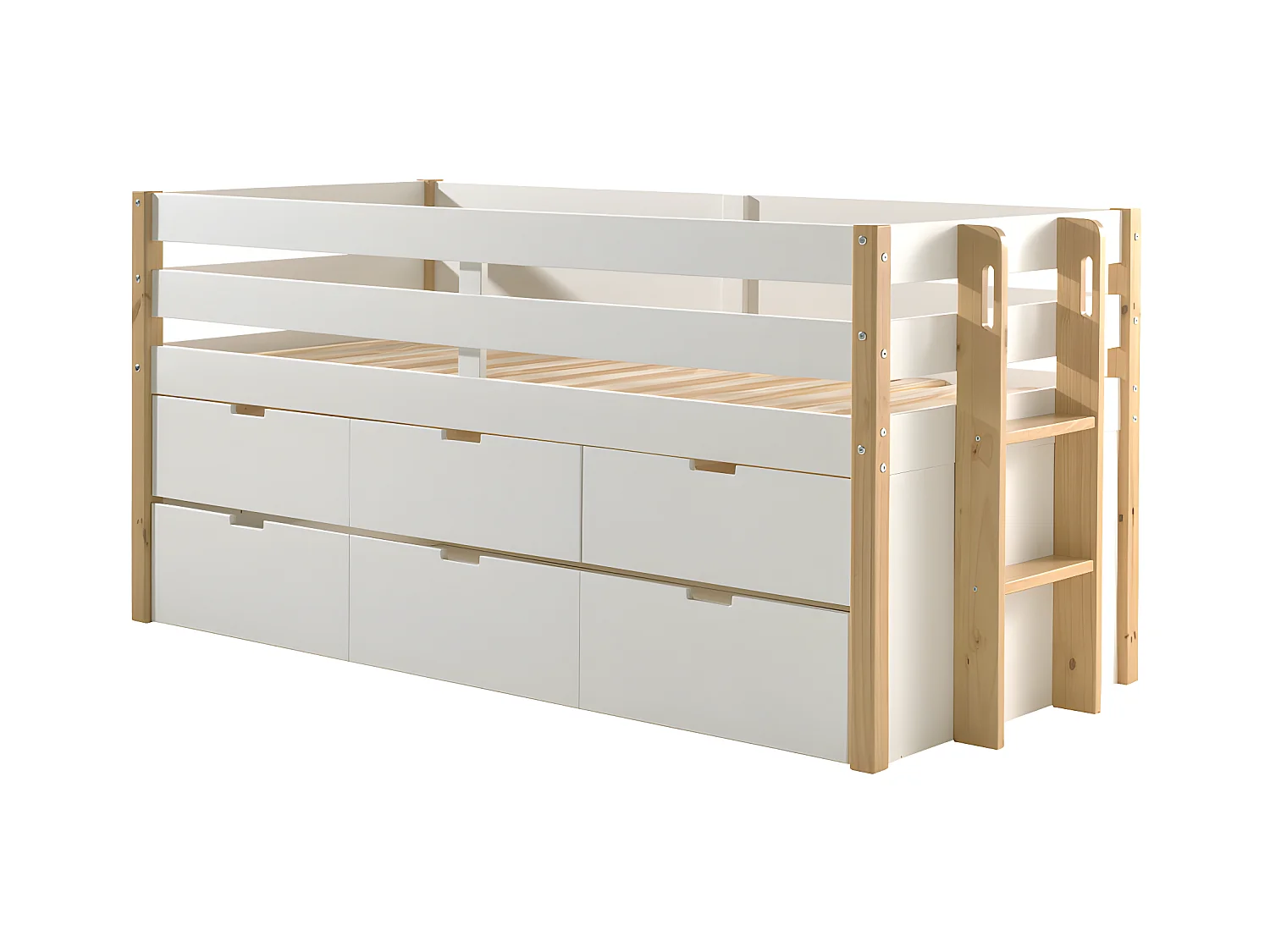 Tourco - Lit enfant banquette 4 tiroirs en bois 90x200cm - Blanc et bois clair