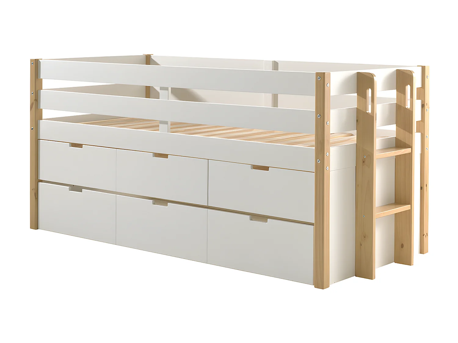 Tourco - Lit enfant banquette 4 tiroirs en bois 90x200cm - Blanc et bois clair