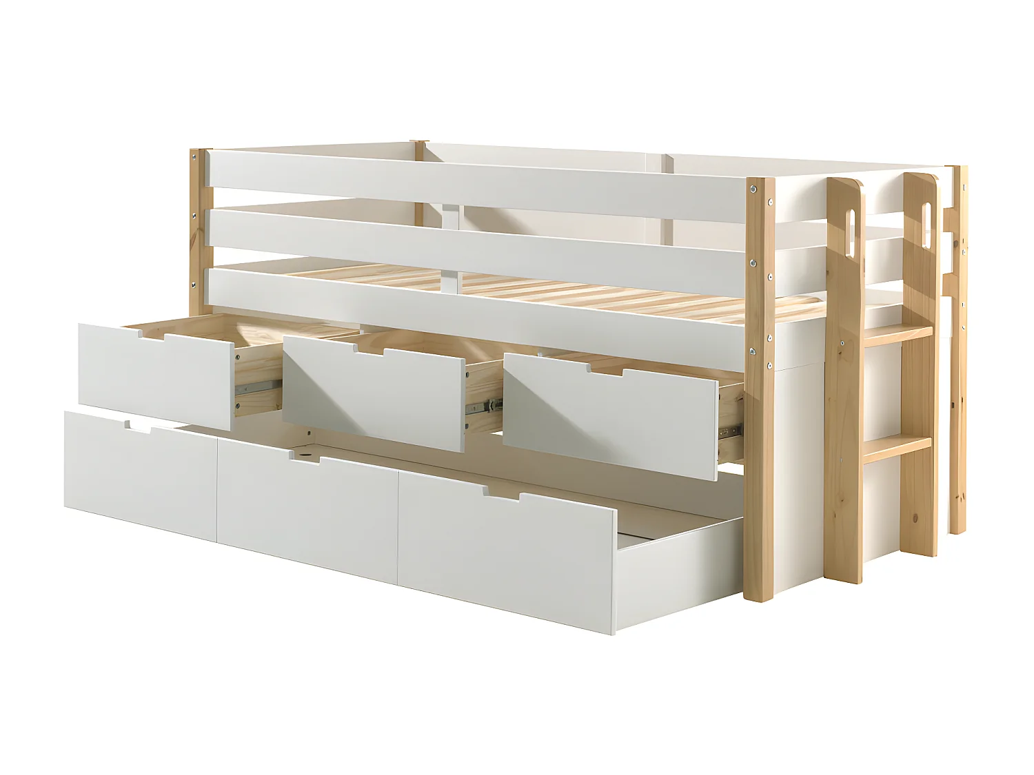 Tourco - Lit enfant banquette 4 tiroirs en bois 90x200cm - Blanc et bois clair