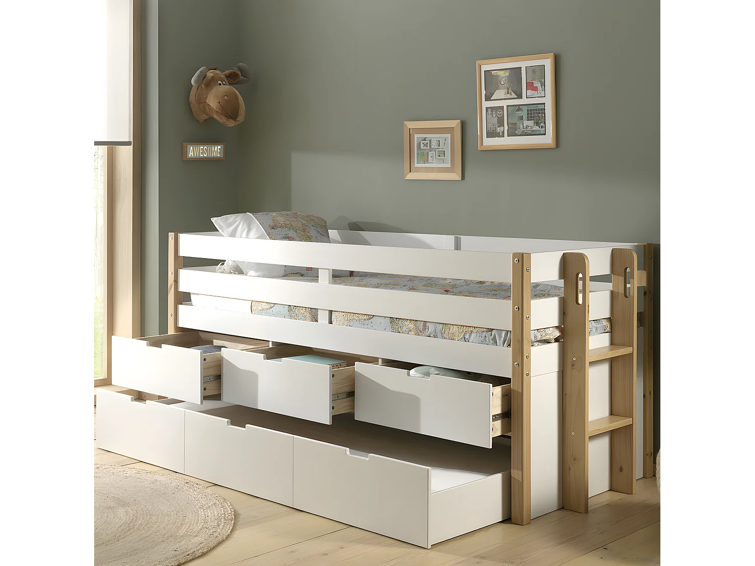 Tourco - Lit enfant banquette 4 tiroirs en bois 90x200cm - Blanc et bois clair