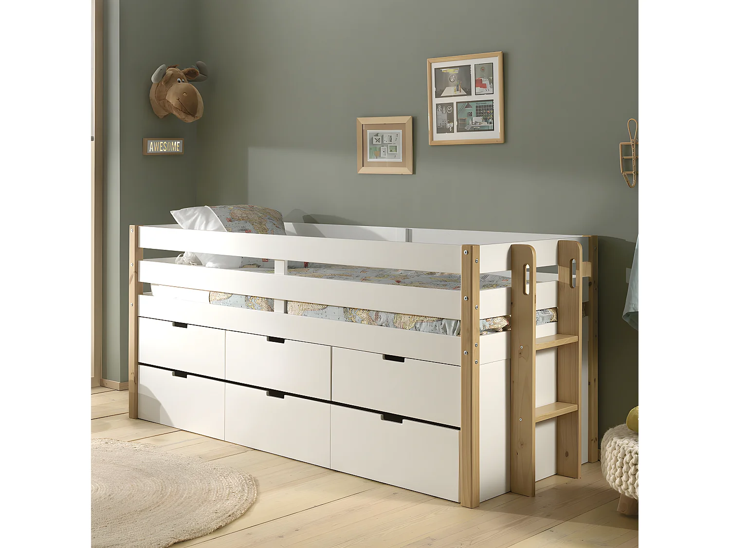 Tourco - Lit enfant banquette 4 tiroirs en bois 90x200cm - Blanc et bois clair