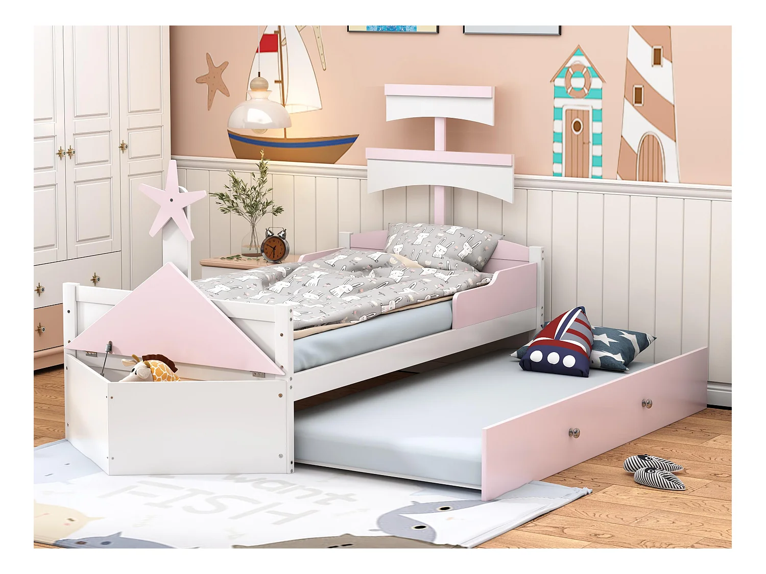 Lit enfant 90x200cm en bois - avec lit gigogne 90x190cm et une coffre - en forme de voilier - Rose