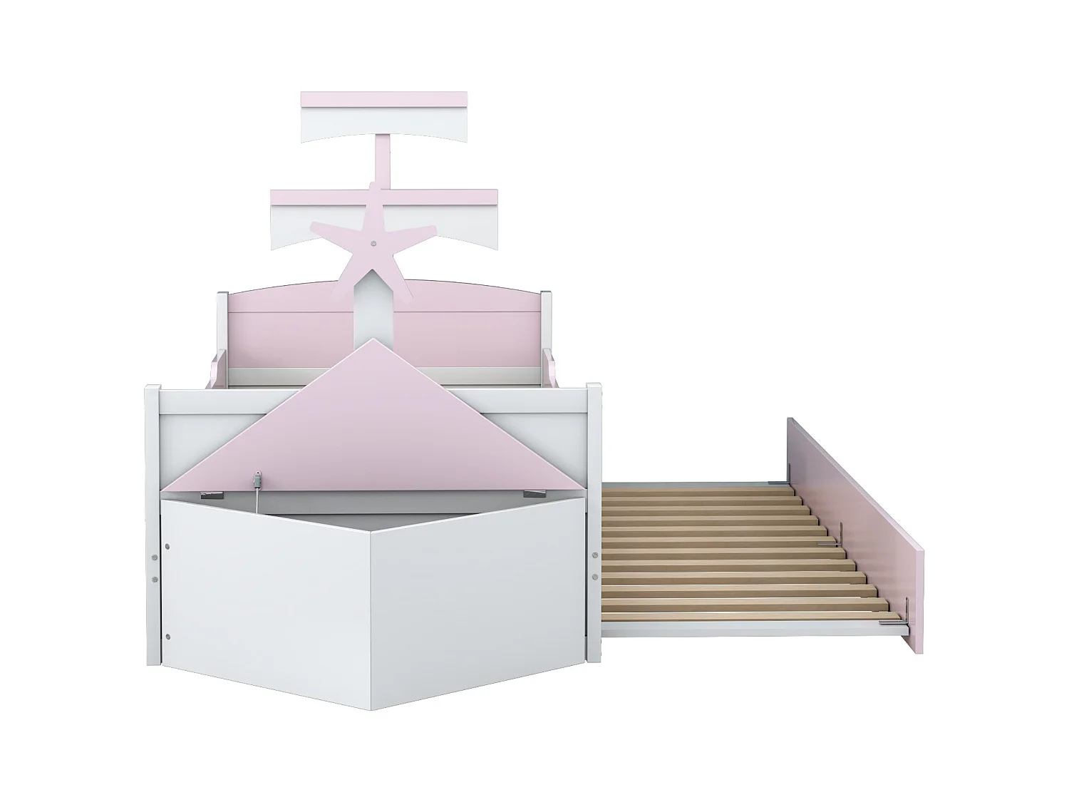 Houten kinderbed 90x200cm - met onderschuifbed 90x190cm en ladekast - in de vorm van een zeilboot - Roze