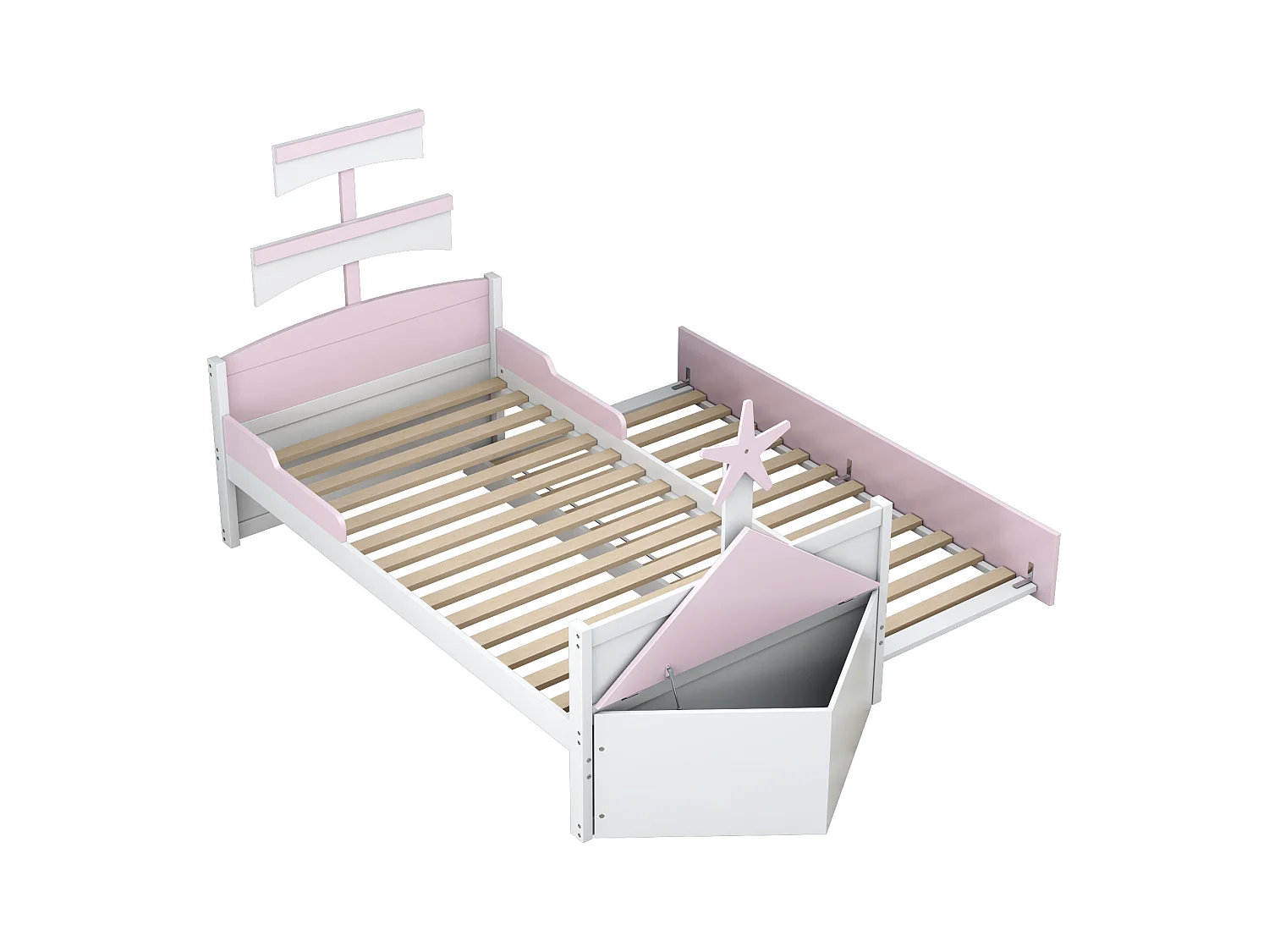 Houten kinderbed 90x200cm - met onderschuifbed 90x190cm en ladekast - in de vorm van een zeilboot - Roze