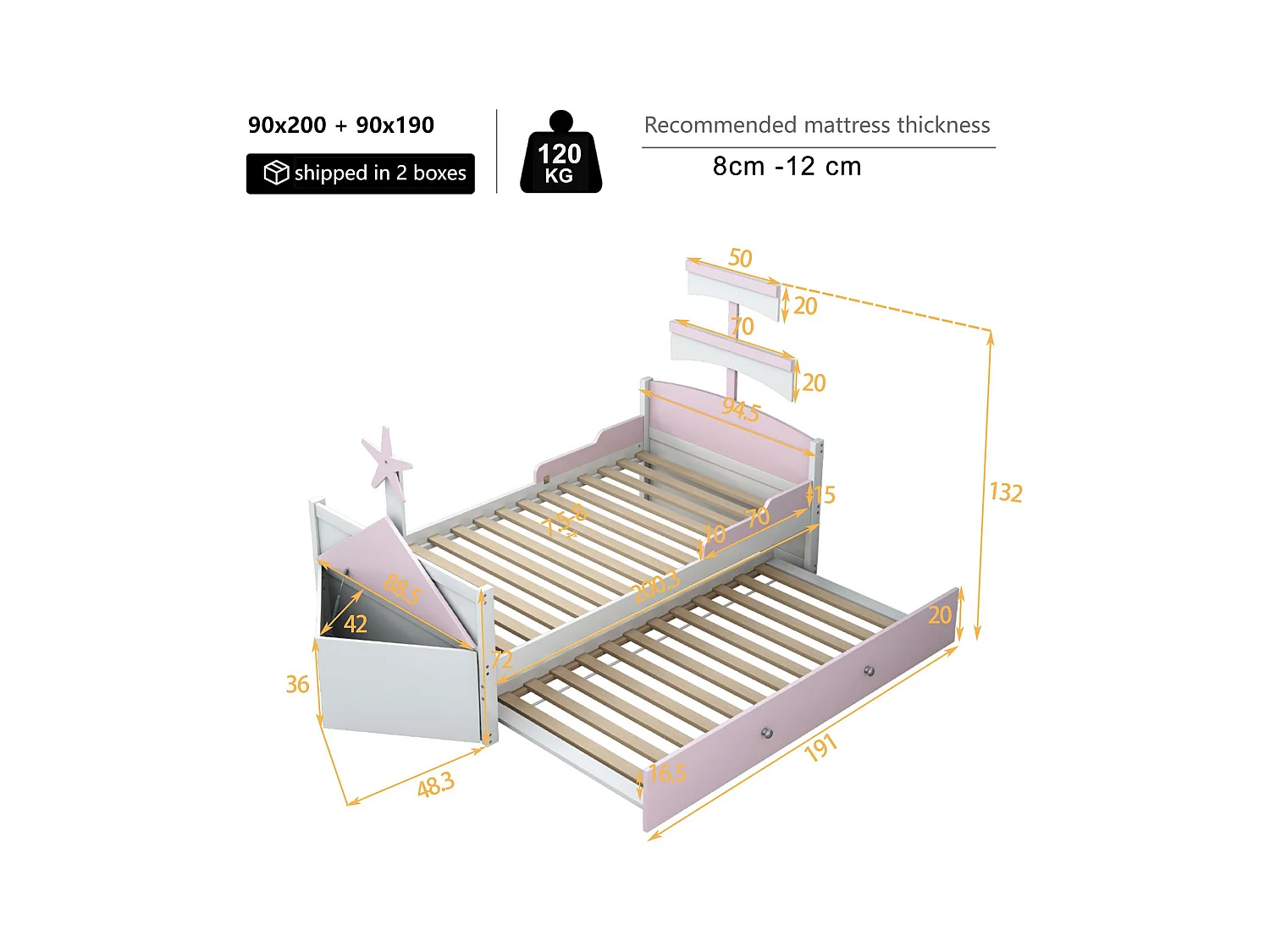 Houten kinderbed 90x200cm - met onderschuifbed 90x190cm en ladekast - in de vorm van een zeilboot - Roze