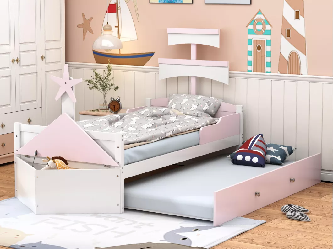 Kauf Unique Kinderbett aus Holz 90 x 200 cm – mit Ausziehbett 90 x 190 cm und einer Truhe – in Form eines Segelboots – Pink