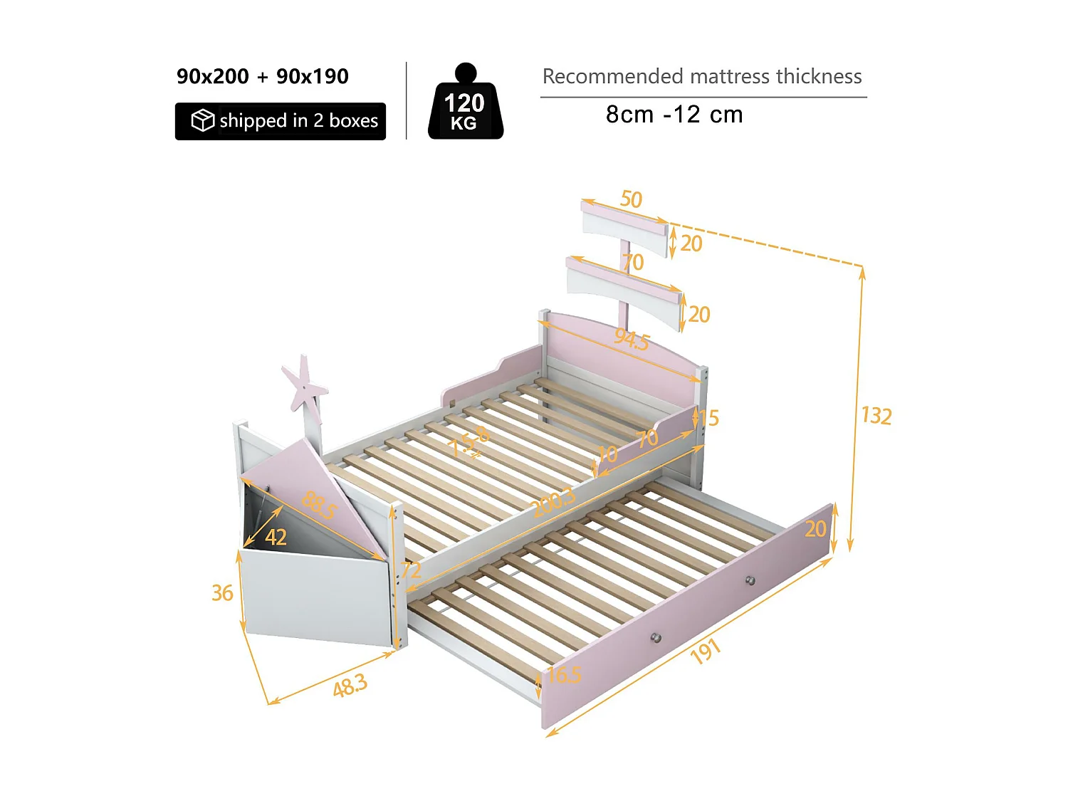 Lit enfant 90x200cm en bois - avec lit gigogne 90x190cm et une coffre - en forme de voilier - Rose