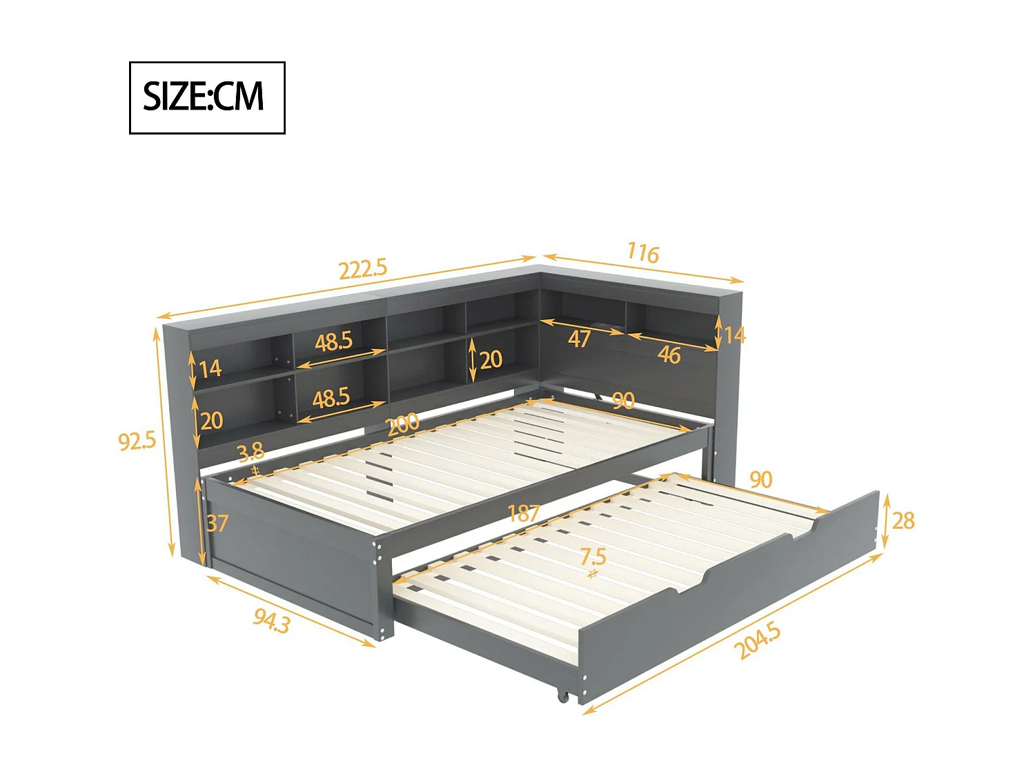Lit banquette 90x200cm en bois - avec lit gigogne 90x190cm et prise USB - 10 compartiments - Gris
