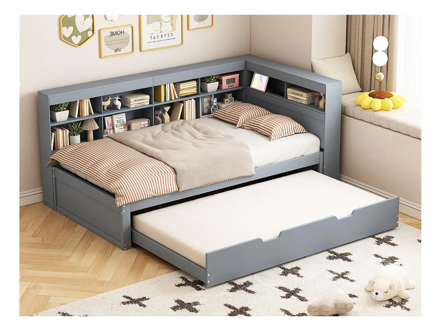 Lit banquette 90x200cm en bois - avec lit gigogne 90x190cm et prise USB - 10 compartiments - Gris
