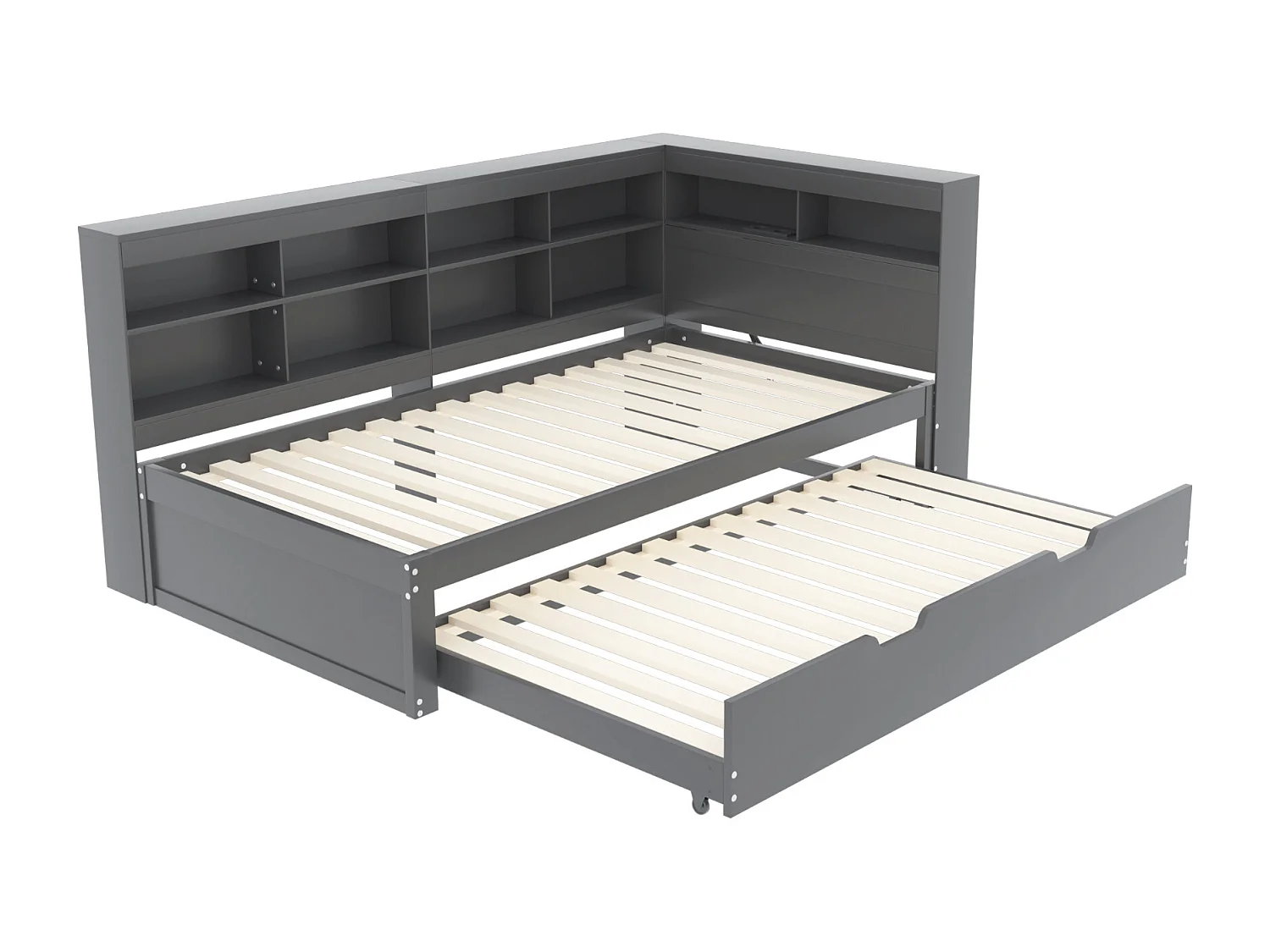 Sofá cama de madera 90x200 cm - con cama nido 90x190 cm y toma USB - 10 compartimentos - Gris