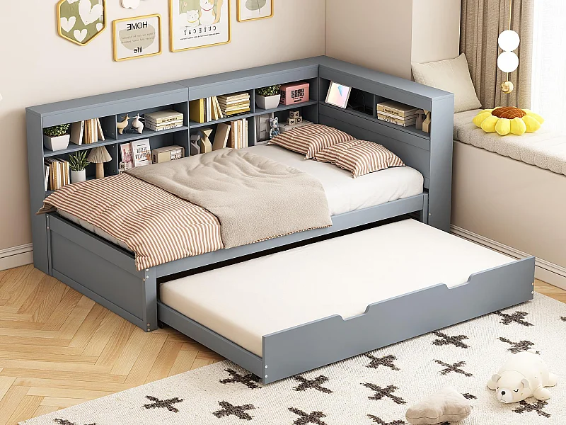 Sofá-cama de madeira 90x200cm - com cama de gavetão 90x190cm e tomada USB - 10 compartimentos - Cinza