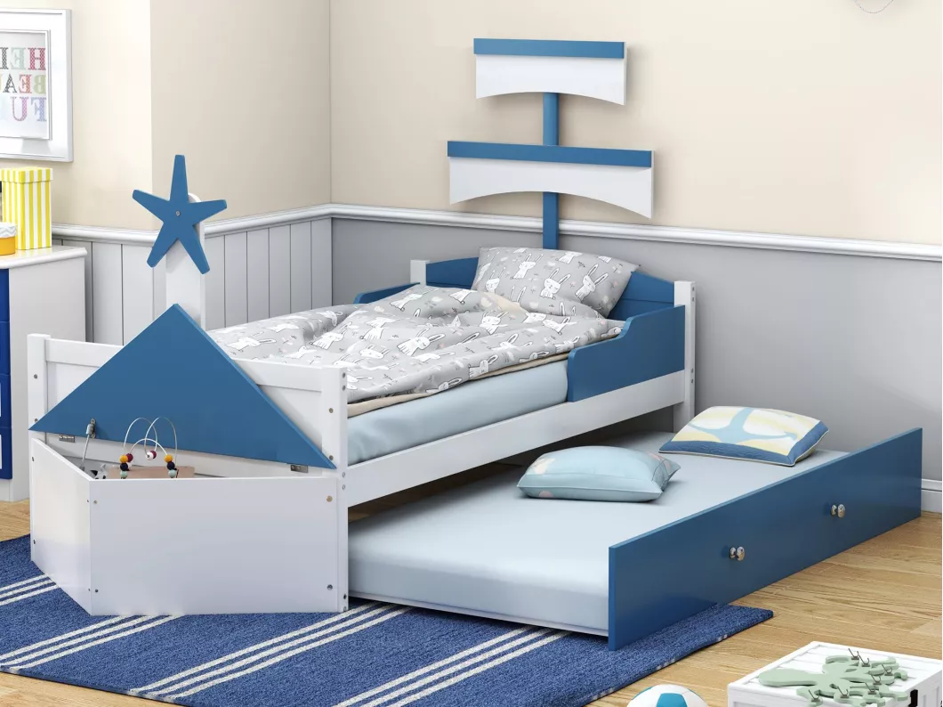 Kauf Unique Kinderbett aus Holz 90 x 200 cm – mit Ausziehbett 90 x 190 cm und einer Truhe – in Form eines Segelboots – Blau