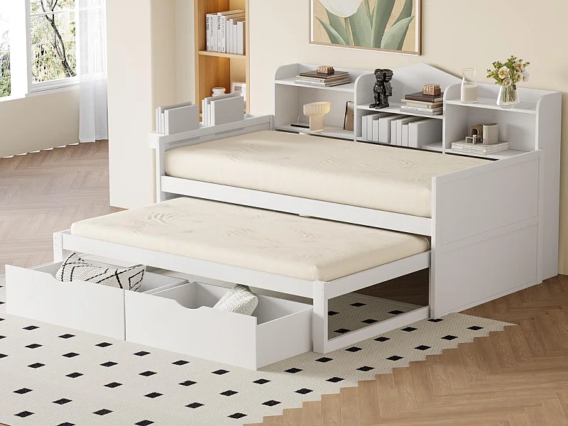 Sofá-cama de madeira 90x200cm - com cama de gavetão 90x190cm e 2 gavetas - com tomada USB - Branco