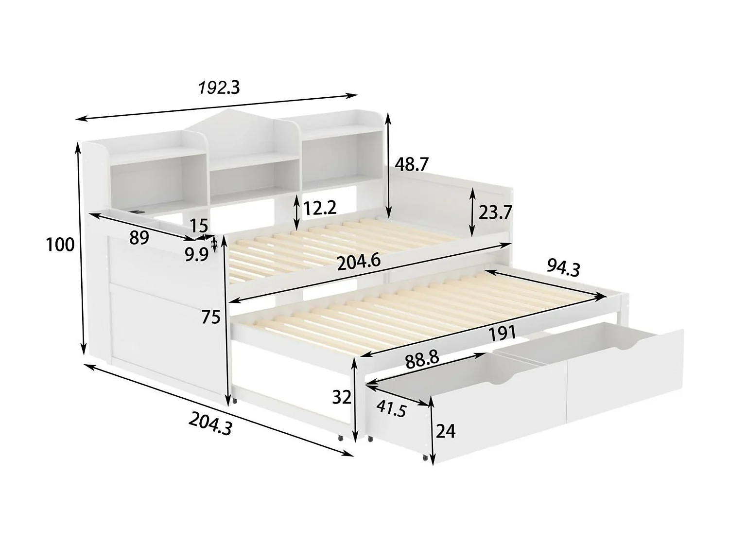 Sofá-cama de madeira 90x200cm - com cama de gavetão 90x190cm e 2 gavetas - com tomada USB - Branco