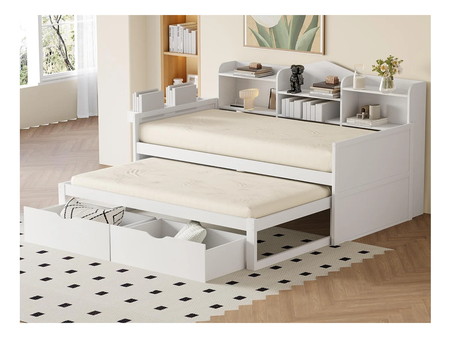 Lit banquette 90x200cm en bois - avec lit gigogne 90x190cm et 2 tiroirs - avec prise USB - Blanc