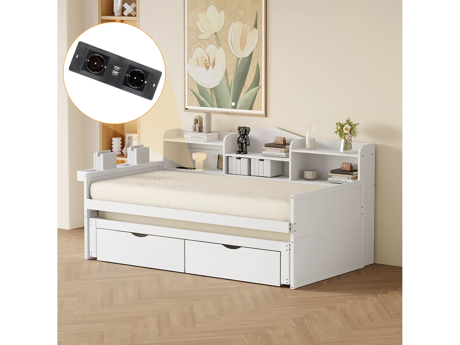 Lit banquette 90x200cm en bois - avec lit gigogne 90x190cm et 2 tiroirs - avec prise USB - Blanc