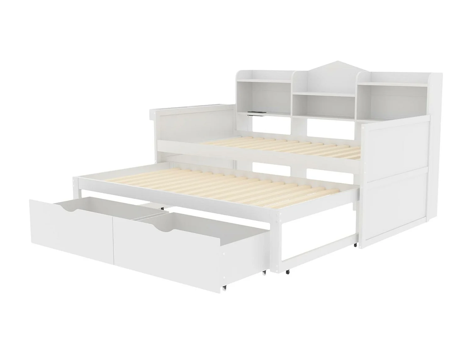 Lit banquette 90x200cm en bois - avec lit gigogne 90x190cm et 2 tiroirs - avec prise USB - Blanc