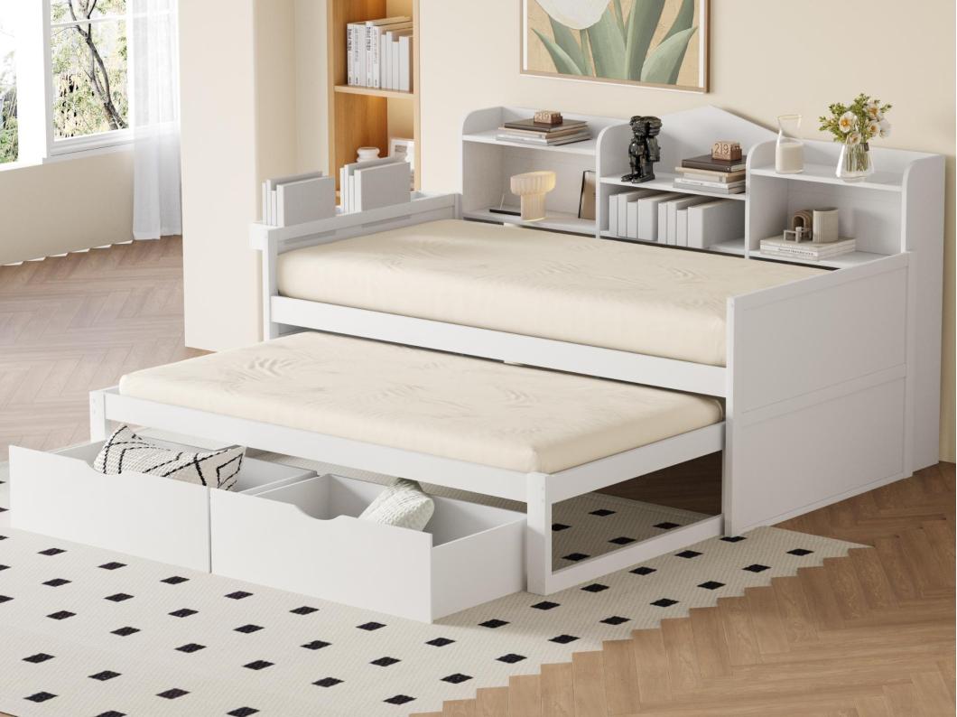 Łóżko banquette 90x200cm z drewna - z łóżkiem wysuwanym 90x190cm i 2 szufladami - z gniazdem USB - Białe