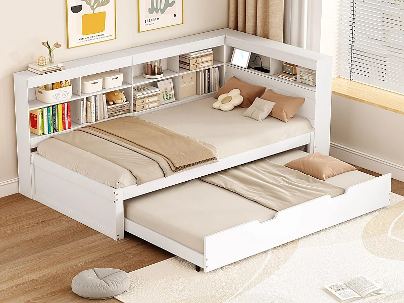 Łóżko banquette 90x200cm z drewna - z łóżkiem wysuwanym 90x190cm i gniazdem USB - 10 przegród - Białe