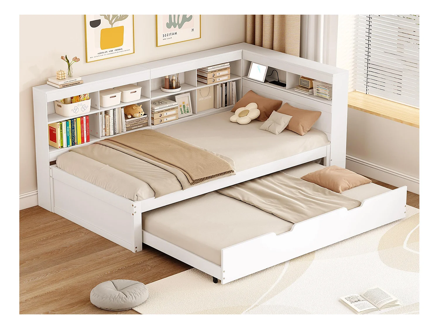 Lit banquette 90x200cm en bois - avec lit gigogne 90x190cm et prise USB - 10 compartiments - Blanc