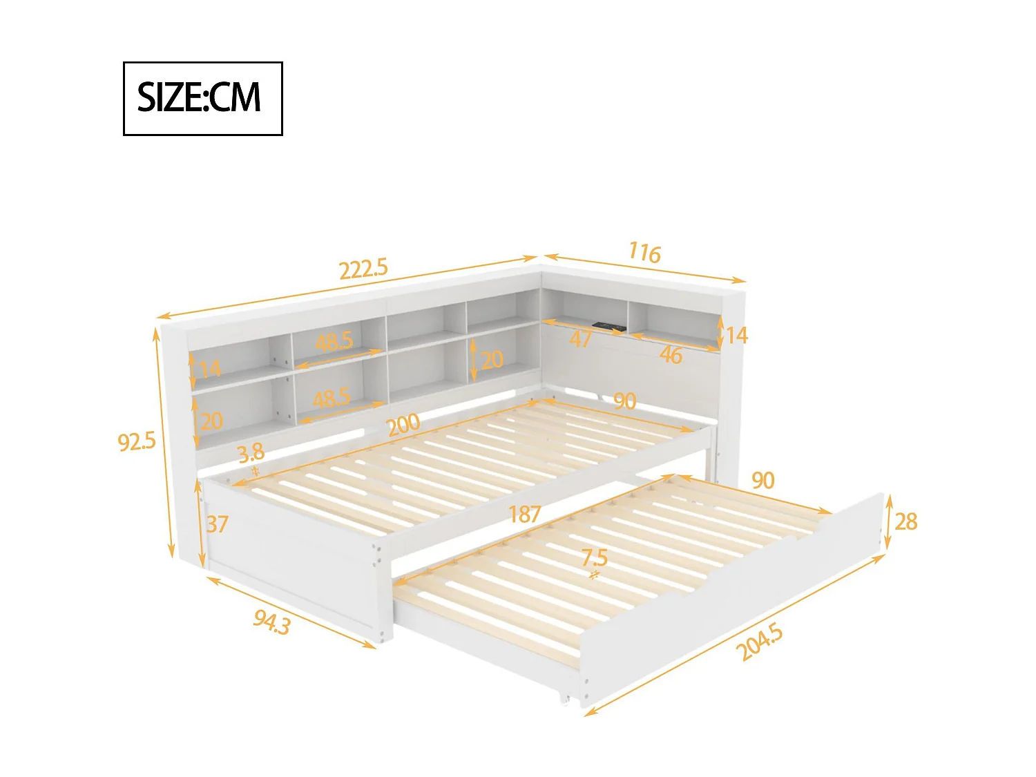 Lit banquette 90x200cm en bois - avec lit gigogne 90x190cm et prise USB - 10 compartiments - Blanc