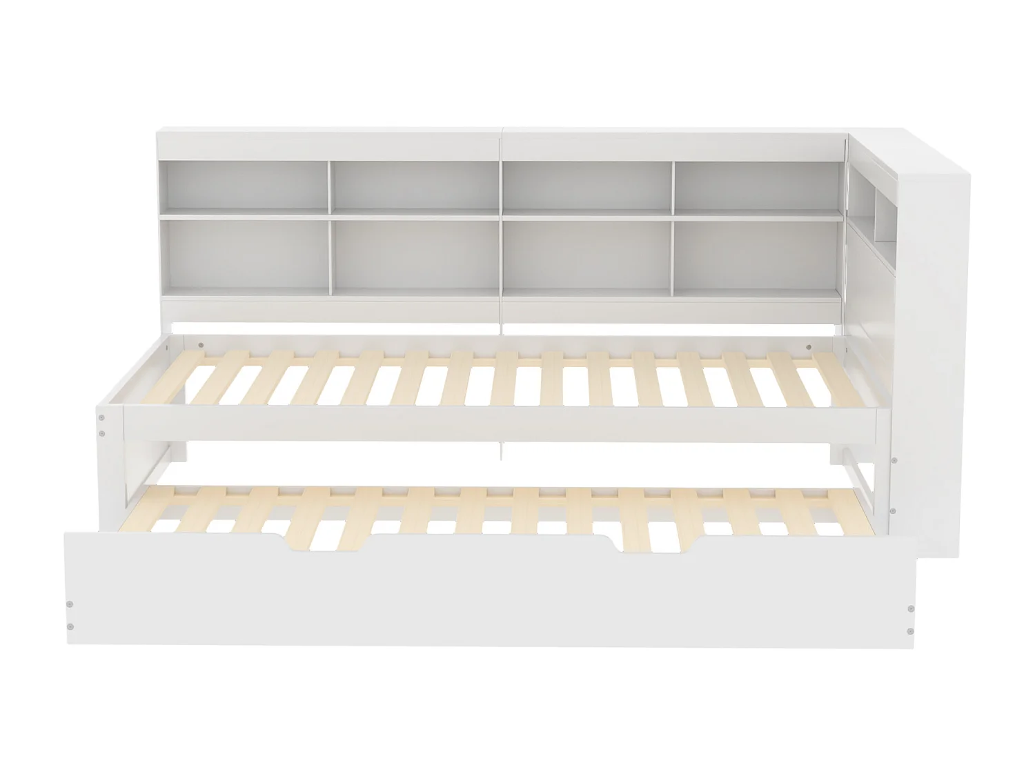 Lit banquette 90x200cm en bois - avec lit gigogne 90x190cm et prise USB - 10 compartiments - Blanc