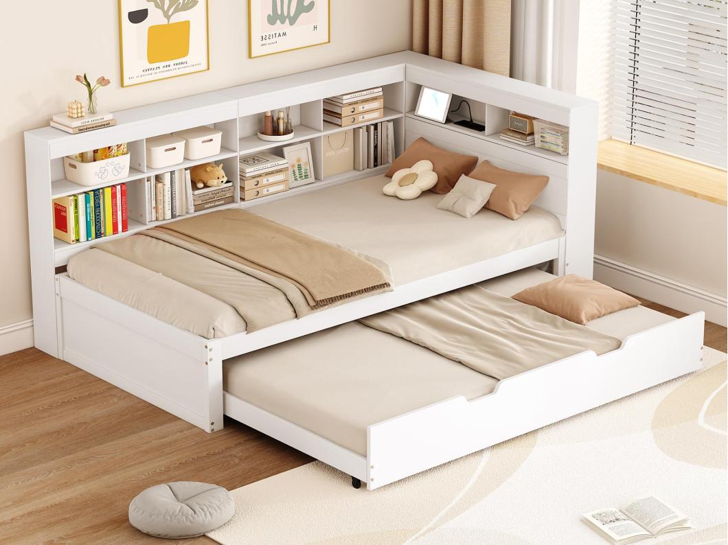 Houten slaapbank 90x200cm - met onderschuifbed 90x190cm en USB-aansluiting - 10 vakken - Wit