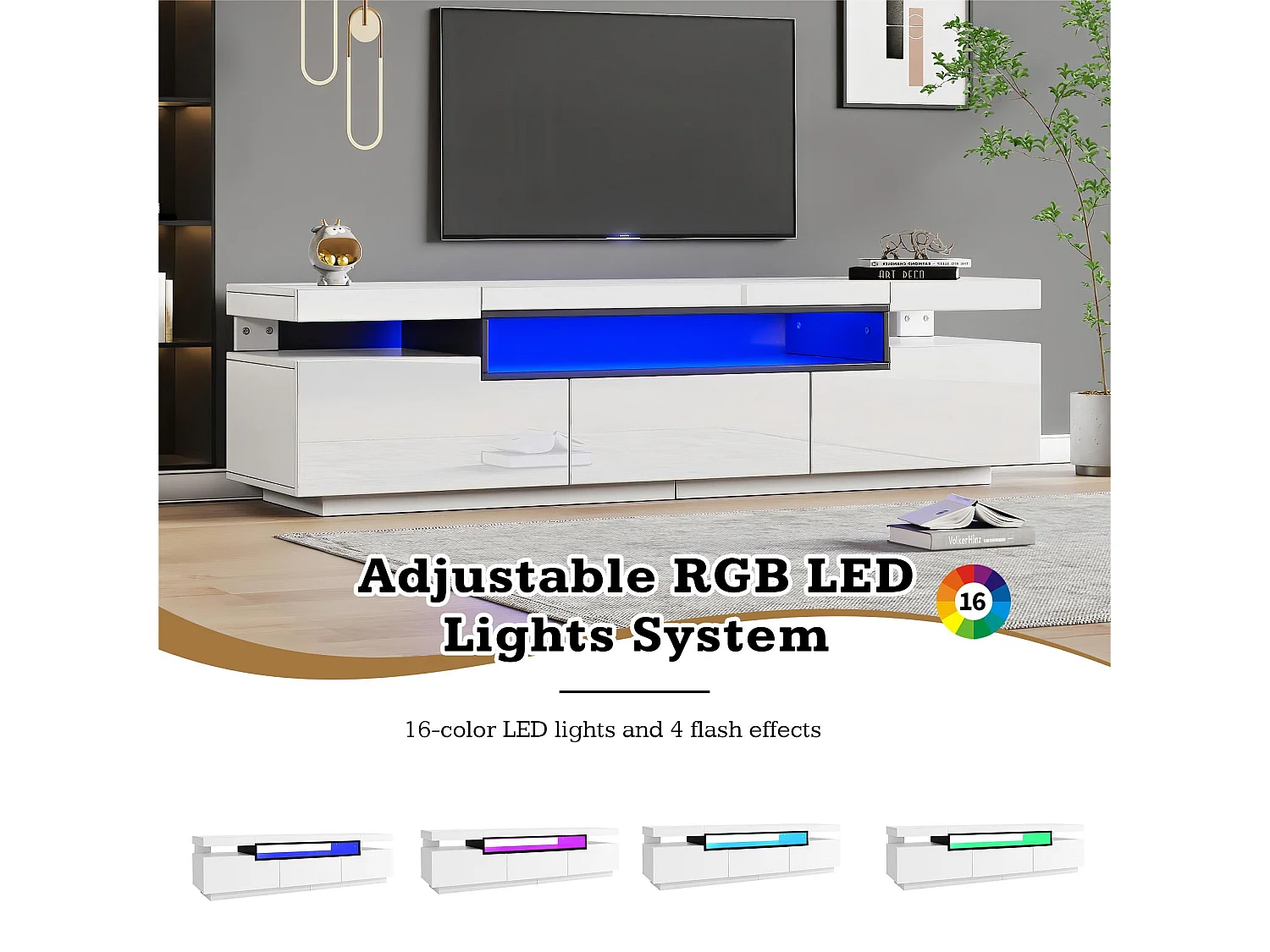 TV-meubel 160 cm met LED - 3 lades - geschikt voor 70" TV - Wit