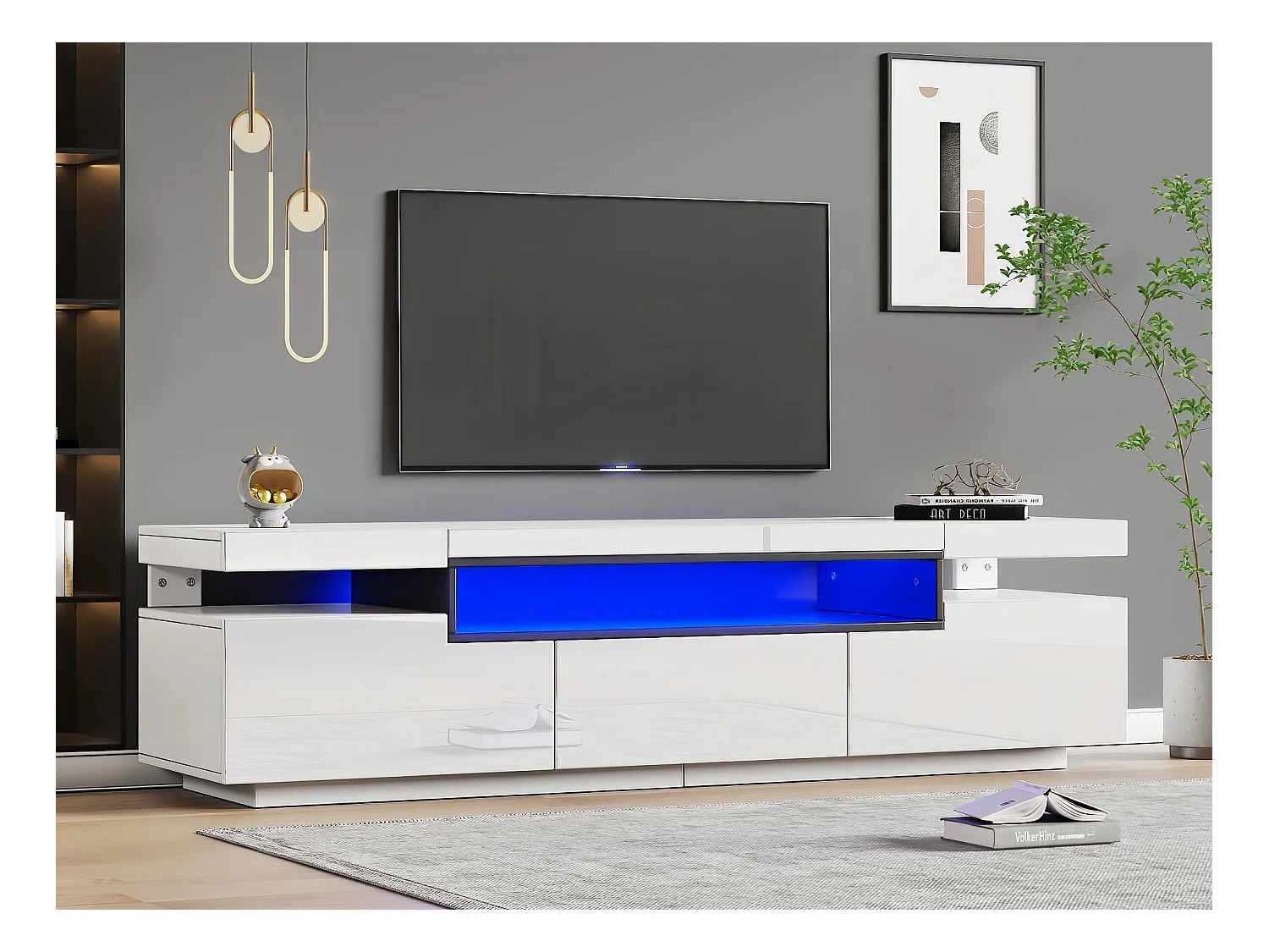 Meuble TV 160cm avec LED - 3 tiroirs - adapté pour TV 70" - Blanc