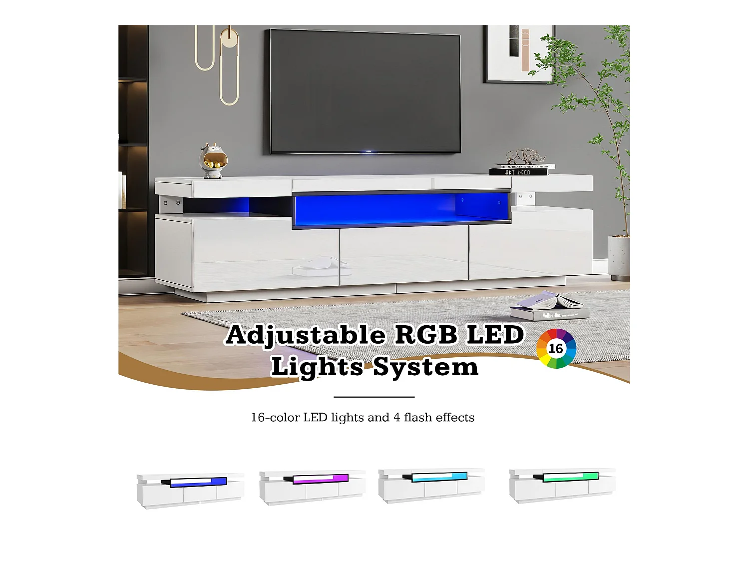 Meuble TV 160cm avec LED - 3 tiroirs - adapté pour TV 70" - Blanc
