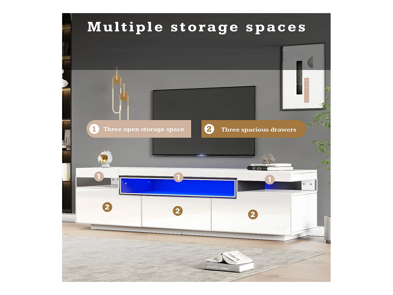 Meuble TV 160cm avec LED - 3 tiroirs - adapté pour TV 70" - Blanc