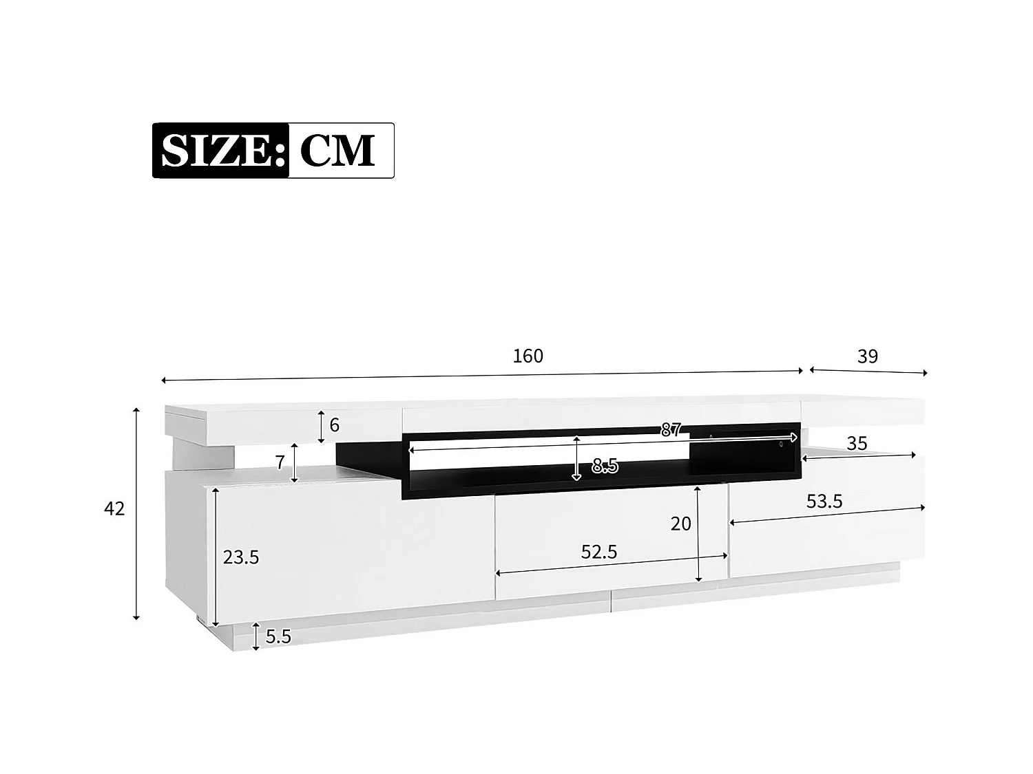 Meuble TV 160cm avec LED - 3 tiroirs - adapté pour TV 70" - Blanc