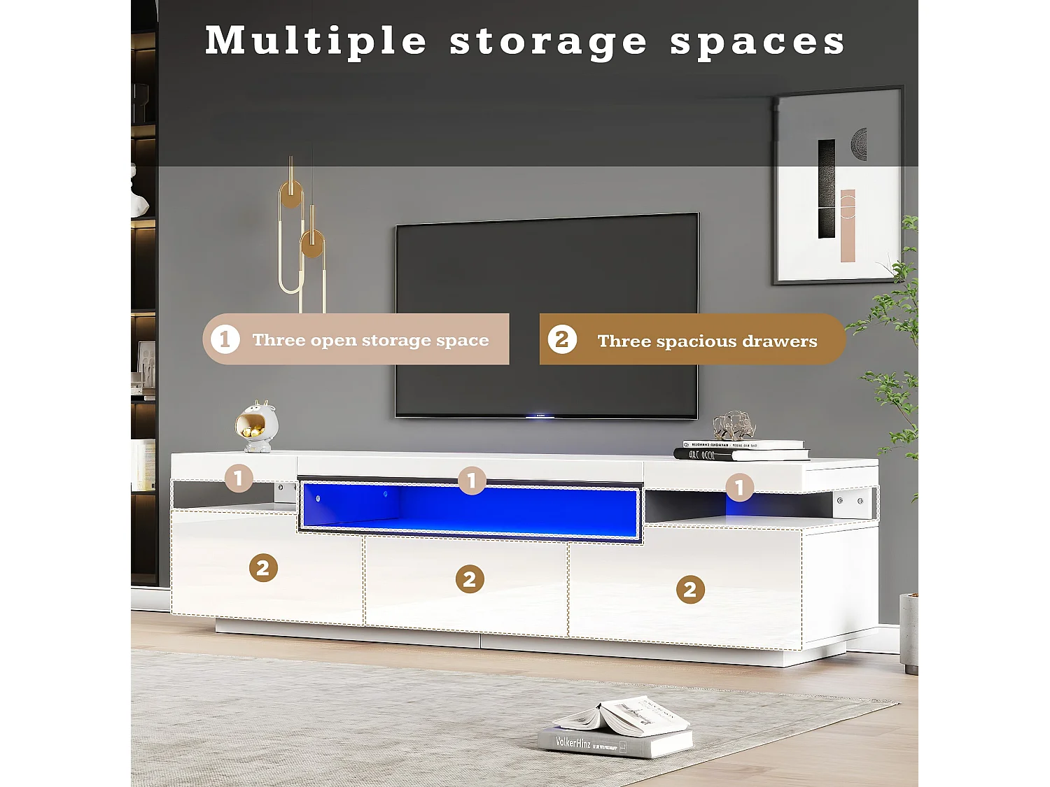 Meuble TV 160cm avec LED - 3 tiroirs - adapté pour TV 70" - Blanc