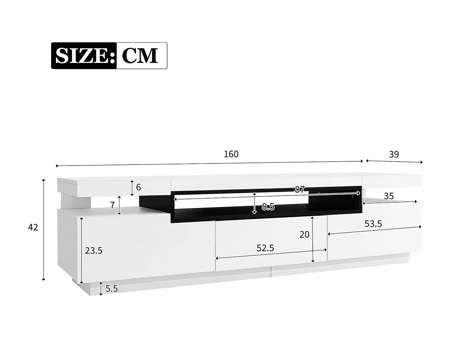 Meuble TV 160cm avec LED - 3 tiroirs - adapté pour TV 70" - Blanc