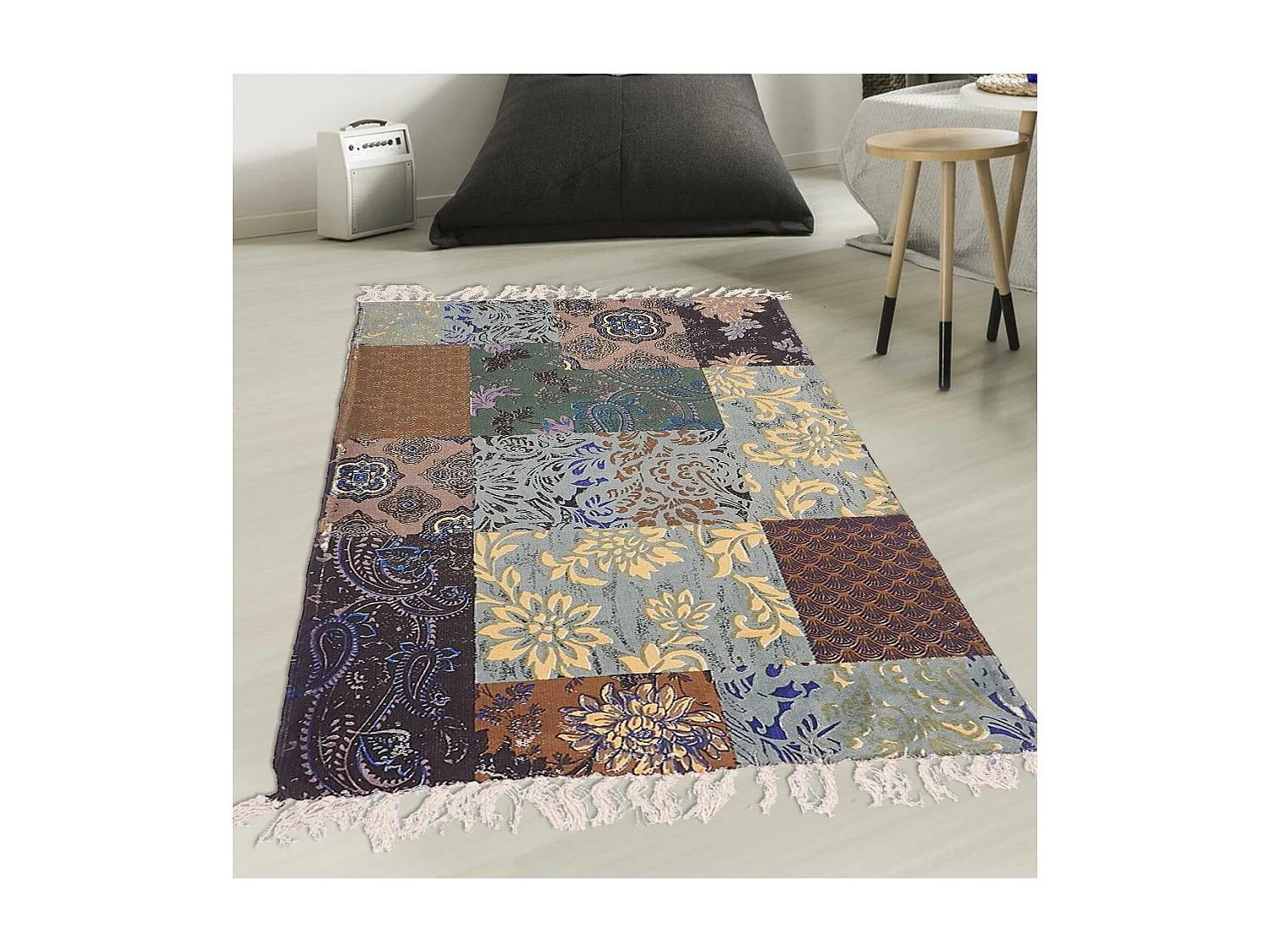 Tapis kilim 70x110 rectangle fait à la main en coton bleu BLUE FLOREA